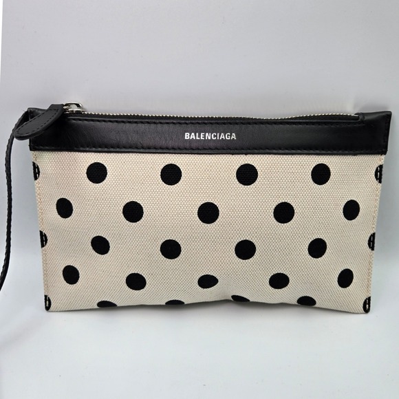 Balenciaga Navy Pouch Canvas Polka Dot Leather Trim Wristlet Clutch Black White - Picture 7 of 8